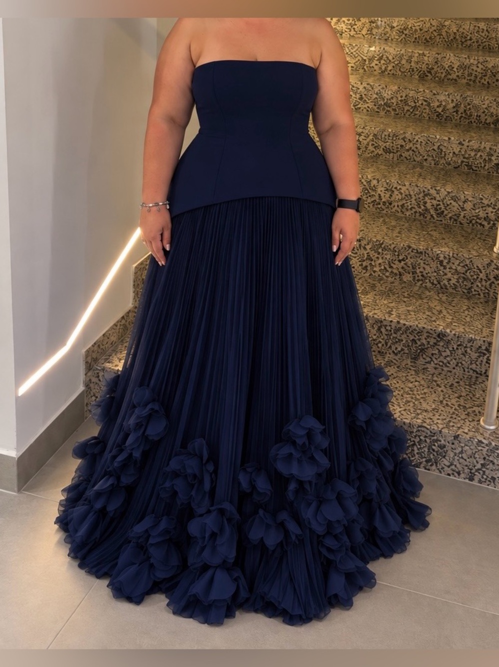 Navy Strapless Pleated Ball Gown with Floral Hem